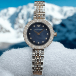 ساعت زنانه فلزی امپریو آرمانی موتور ژاپنی اصلی صفحه سورمه ای صدفی  EMPORIO ARMANI  AR 11222