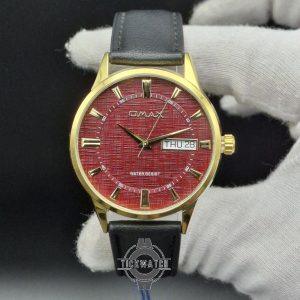 تصویر ساعت مردانه اوماکس اصل مدل PRZ061 با بند چرم طبیعی مشکی و صفحه قرمز یاقوتی